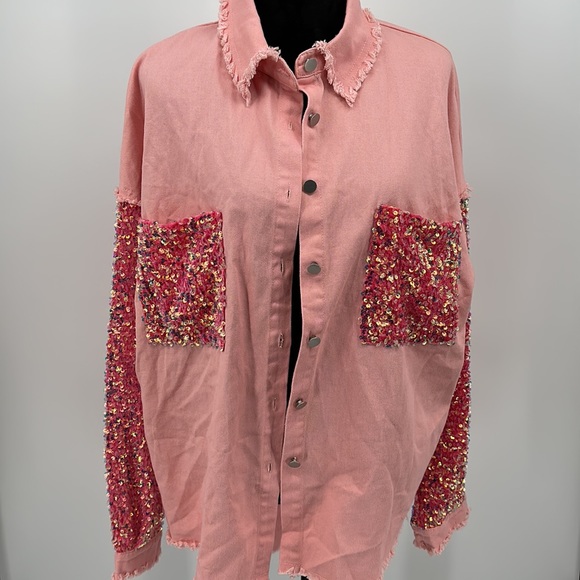 Fantastic Fawn shirt jacket Shacket pink sequin size Medium oversize shirt NWOT - Picture 2 of 6
